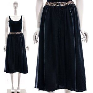 Vintage Black Silk Midi Skirt with Beaded Gold Sequined Waist Drawstring Waist B